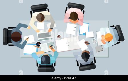 Business meeting concept. Vector illustration in an aerial view with people sitting around a conference table with blank copy space to the right Stock Vector