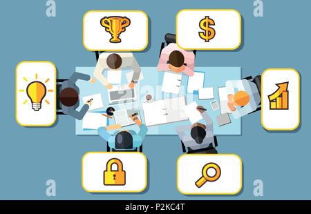 Business meeting strategy brainstorming concept. Vector illustration in an aerial top view with people sitting in an office around a conference table  Stock Vector