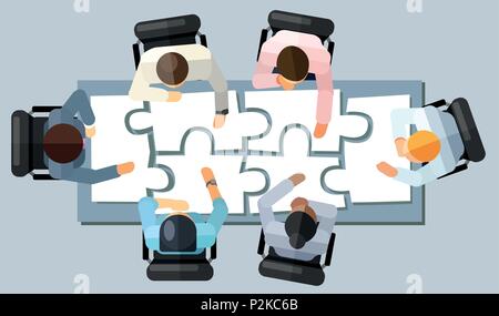 Business meeting strategy brainstorming concept. Vector illustration in an aerial view with people sitting in an office around a conference table solv Stock Vector