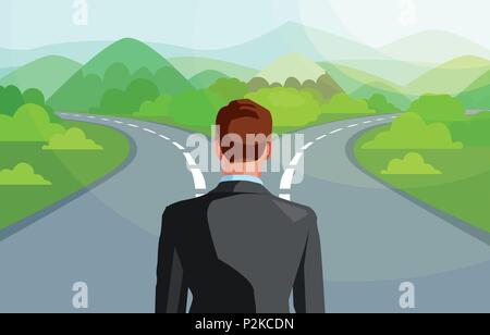 Vector of a business man in front of two roads thinking deciding which way to go in life Stock Vector