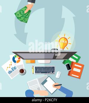 Money for business idea concept. Vector of workplace of a businessman managing a profitable internet based enterprise Stock Vector