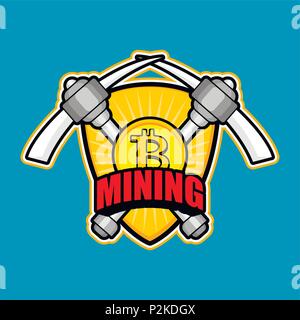 Mining Bitcoin emblem. Pick Cryptocurrency sign. Extraction of Crypto currency symbol. Vector illustration Stock Vector