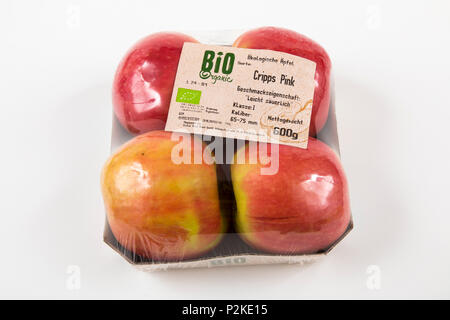 Fresh food, organic food, organic fruits, each individually packaged in plastic wrap, all food is available in the same supermarket even without plast Stock Photo