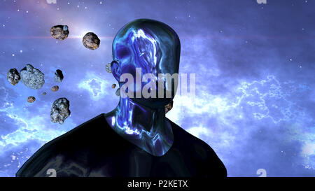 A fantasy 3d illustration of an android man without eyes and a nose but with shining metallic surface of his face and body. The flying asteroids whirl Stock Photo