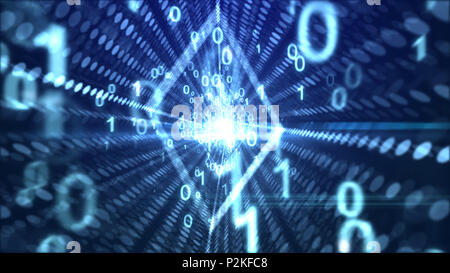 An electronic 3d illustration of flying white zeroes and ones spinning through a rhombus shaped tube with lines of shining circular spots in the blue  Stock Photo