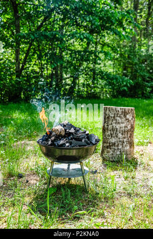 Fire on barbecue charcoal grill. Grilling food on a weber type small cheap BBQ grill at home. Family backyard barbecue BBQ picnic Stock Photo Alamy