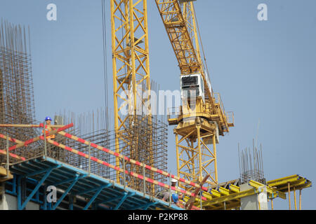 BUCHAREST, ROMANIA - JUNE 14, 2018: Crane on a construction site Stock Photo