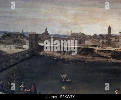 VISTA DE LA CIUDAD DE ZARAGOZA - DETALLE DE LA ORILLA DEL RIO EBRO Y DEL PUENTE - SIGLO XVII - BARROCO ESPAÑOL - CONJUNTO 3878 - NP 889. Author: Juan Bautista Martínez del Mazo (c. 1612-1667). Location: MUSEO DEL PRADO-PINTURA, MADRID, SPAIN. Stock Photo