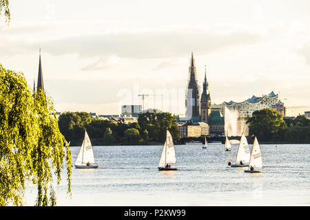 sailing boats on the Outer Alster with the Elbphilharmonie and town hall in the background, Hamburg, north Germany, Germany Stock Photo