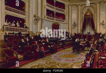 The Sessions Room in 1906 (Ordinary session of the Senate in Alphonse XIII's time). Madrid, Senate. Author: Asterio Mañanós Martínez (1861-1935). Location: SENADO-PINTURA, MADRID, SPAIN. Stock Photo