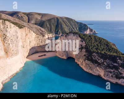 Aerial view of Navagio or Shipwreck Beach on the coast of Zakynthos, in the Ionian Islands of Greece Stock Photo