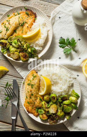 Homemade White Fish Filet Dinner with Rice and Brussel Sprouts Stock Photo