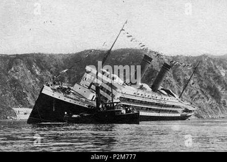 . English: SS Principessa Jolanda sinking off the coast of Riva Trigoso, near Genoa, Italy . 22 September 1907. Unknown 84 SS Principessa Jolanda sinking Stock Photo