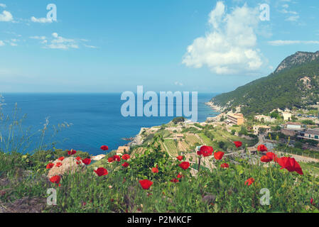 2018, 12 May, Banyalbufar, Majorca, Spain. Panoramic view of Mediterranean sea and the village with red poppies in front. Banyalbufar is a small coast Stock Photo