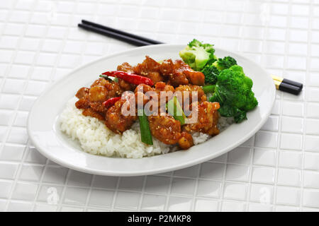 general tso’s chicken with rice, american chinese cuisine Stock Photo