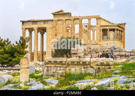 Ancient Monument Porch Caryatids Ruins Temple of Erechtheion Acropolis Athens Greece.  Greek maidens columns Temple of Erechtheion for a former Atheni Stock Photo