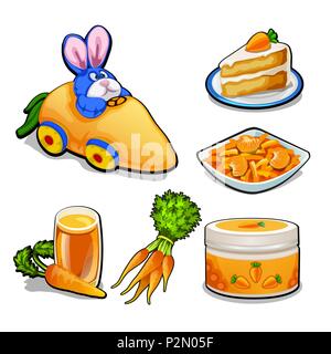 The set of items on the topic of carrots isolated on white background. Vector cartoon close-up illustration. Stock Vector