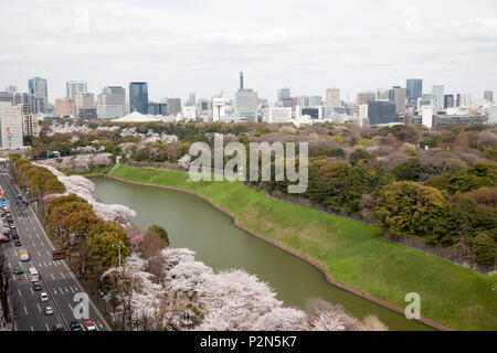 Higashi-Koen in spring with moat, skyscrapers and Tokyo Skytree in the background, Chiyoda-ku, Tokyo, Japan Stock Photo