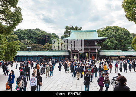 Tourist crowd in inner yard area of Meiji Shrine, Shibuya, Tokyo, Japan Stock Photo