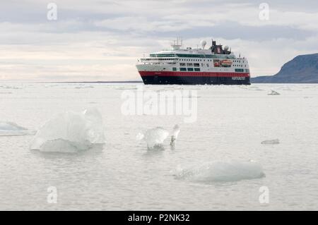 Norway, Svalbard, Spitsbergen, Hurtigruten's MV Fram anchored at The 14th July Glacier Stock Photo