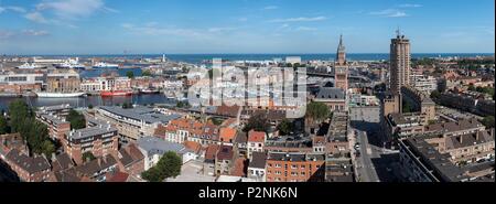 France, Nord, Dunkirk, city panorama, port museum and ship Duchess Anne and Sandette, Entreprenant in the trade basin, marina, Grand Port Maritime Dunkirk, Belfry of the town hall listed as World Heritage by UNESCO, North Sea Stock Photo