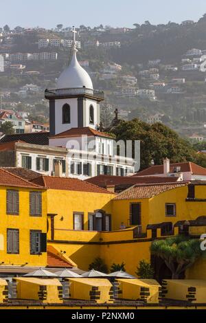 Portugal, Madeira Island, Funchal, View of Santa Maria Major Church and Fort Sao Tiago Stock Photo