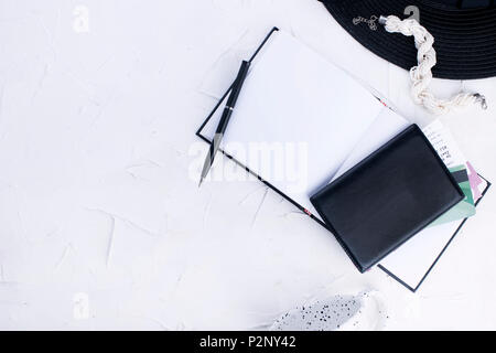 Woman trendy fashion clothes collage on white, flat lay, top view. Women's accessories. Planning a vacation. Flat lay. copy sapce Stock Photo
