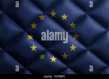 Flag of European Union on leather texture texture background close up . Stock Photo