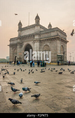 MUMBAI, INDIA - JANUARY 14, 2017 -  Unidentified people walk and pigeons fly around the Gateway of India Stock Photo