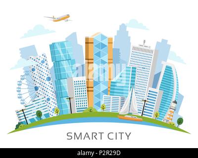 Smart city vector arch landscape with skyscrapers Stock Vector