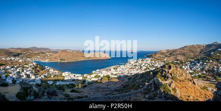 Greece, Dodecanese archipelago, Patmos island, Skala, main harbour of the island seen from the archaeological site of the ancient acropolis on Kastelli Hill Stock Photo