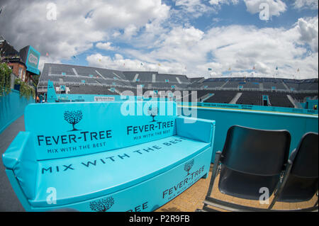 The Queen’s Club, London, UK. 16 June, 2018. A newly enlarged centre court with additional seating is finished for the Fever-Tree Tennis Championships grass court men's lawn tennis tournament in London, starting Monday 18 June. Credit: Malcolm Park/Alamy Live News. Stock Photo