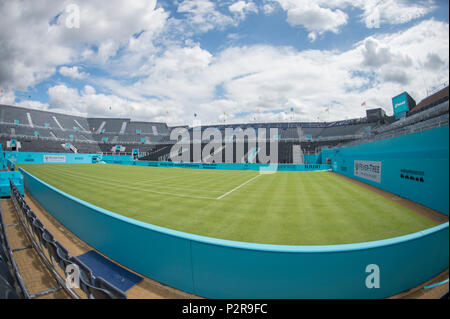 The Queen’s Club, London, UK. 16 June, 2018. A newly enlarged centre court with additional seating is finished for the Fever-Tree Tennis Championships grass court men's lawn tennis tournament in London, starting Monday 18 June. Credit: Malcolm Park/Alamy Live News. Stock Photo