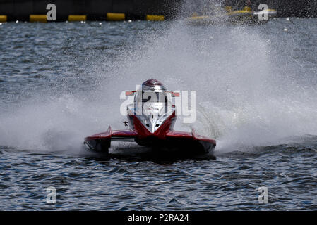 Powerboat of Team Abu Dhabi racing in the F1H2O Formula 1 Powerboat Grand Prix of London at Royal Victoria Dock, Docklands, Newham, London, UK Stock Photo