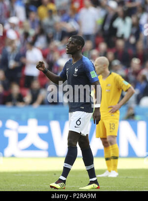Kazan, Russia. 16th June, 2018. Paul Pogba of France celebrates his goal during a group C match between France and Australia at the 2018 FIFA World Cup in Kazan, Russia, June 16, 2018. Credit: Wu Zhuang/Xinhua/Alamy Live News Stock Photo