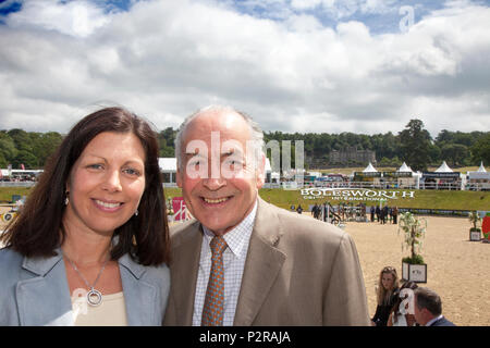 Bolesworth, Cheshire, UK. 16th Jun, 2018. Alastair Stewart OBE is all smiles with Nina Barbour the Show Director at The Equerry Bolesworth International Horse Show at Bolesworth Castle in the Cheshire countryside.  Alastair James Stewart OBE (born 22 June 1952) is an English journalist and newscaster, employed by ITN where he is a main newscaster for ITV News.  Credit: Cernan Elias/Alamy Live News Stock Photo