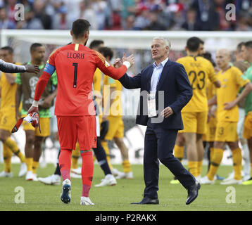 Kazan, Russia. 16th June, 2018. Head coach Didier Deschamps (R) and goalkeeper Hugo Lloris of France celebrate their victory after a group C match between France and Australia at the 2018 FIFA World Cup in Kazan, Russia, June 16, 2018. France won 2-1. Credit: Wu Zhuang/Xinhua/Alamy Live News Stock Photo