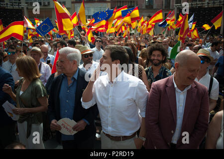 June 16, 2018 - Malaga, Spain - Ciudadanos party leader Albert Rivera (C) gestures as he arrives in an event to present the new platform named 'EspaÃ±a Ciudadana' (citizen Spain) after his official presentation in Madrid. According to Ciudadanos, the platform borned with the purpose to form a new common project with all Spanish and to regain the proud of being spanish. (Credit Image: © Jesus Merida/SOPA Images via ZUMA Wire) Stock Photo