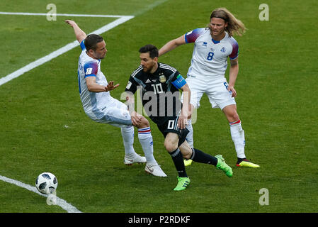 Moscow, Russia. 16th Jun, 2018. Lionel Messi of Argentina takes on Gylfi Sigurdsson of Iceland and Birkir Bjarnason of Iceland during the 2018 FIFA World Cup Group D match between Argentina and Iceland at Spartak Stadium on June 16th 2018 in Moscow, Russia. (Photo by Daniel Chesterton/phcimages.com) Credit: PHC Images/Alamy Live News Stock Photo