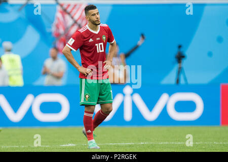 Younes BELHANDA (MAR) is disappointed, showered, decapitation, disappointment, sad, frustrated, frustrated, latex, full figure, Morocco (MAR) - Iran (IRN) 0: 1, Preliminary Round, Group B, Game 4, on 15.06.2018 in St. Petersburg; Football World Cup 2018 in Russia from 14.06. - 15.07.2018. | usage worldwide Stock Photo