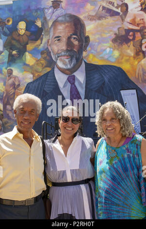 Philadelphia, Pennsylvania, USA. 16th June, 2018. Standing in front of the The ED BRADLEY Mural in Philadelphia PA, is his widow, PATRICIA BLANCHET and his long time friend a journalist, CHARLAYNE HUNTER-GAULT and her husband RON GAULT Ed Bradley was a highly esteemed journalist, most widely know for his 26 years as a correspondent on the CBS show 60 minutes A native Philadelphian, Bradley is still beloved in his hometown years after his death in 2006 Credit: Ricky Fitchett/ZUMA Wire/Alamy Live News Stock Photo