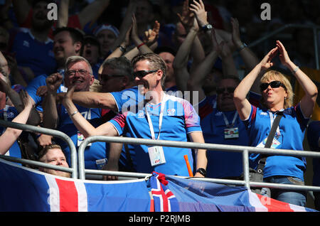 16.06.2018. Moscow, Russian: Icelands supporters in action during the  match Fifa World Cup Russia 2018, Group D, football match between Argentina v Iceland in Spartak Stadium in Moscow. Credit: marco iacobucci/Alamy Live News Stock Photo