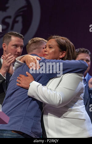Waterfront Hall, Belfast, Ireland 16th June 2018. Sinn Feins'  Ard Fheis final session discussing Brexit and International Solidarity - Motions 156-171. Leader Mary Lou McDonald with closing speech of the 2018 Ard Fheis at the Waterfront Hall, Belfast Stock Photo