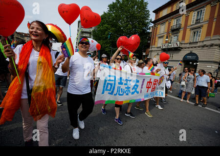 Turin, Italy. 16th June, 2018. People demonstrate for the LGBT rights. Credit: MLBARIONA/Alamy Live News Stock Photo