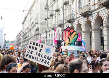 Turin, Italy. 16th June, 2018. People demonstrate for the LGBT rights. Credit: MLBARIONA/Alamy Live News Stock Photo