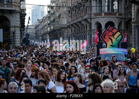 Turin, Italy. 16th June, 2018. People demonstrate for the LGBT rights. Credit: MLBARIONA/Alamy Live News Stock Photo