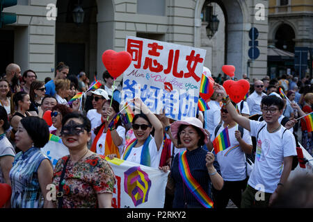 Turin, Italy. 16th June, 2018. People demonstrate for the LGBT rights. Credit: MLBARIONA/Alamy Live News Stock Photo