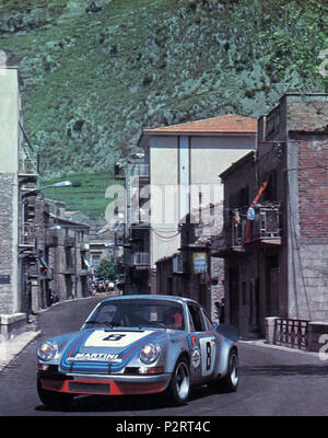 . Province of Palermo (Sicily, Italy), 'Piccolo Madonie' road circuit, May 13, 1973. The Porsche 911 Carrera RSR 3.0 (Group 5) of Martini Racing Team at the 1973 Targa Florio. 13 May 1973. Unknown 72 Porsche 911 Carrera RSR Martini (1973 Targa Florio) Stock Photo