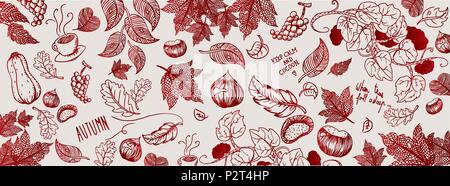 Sweet autumn doodles full vector large banner Stock Vector
