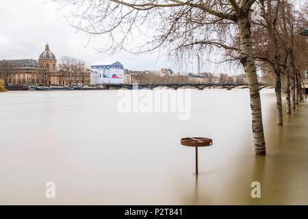 France, Paris, area listed as World Heritage by UNESCO, the Seine flood in January 2018 at 5,85m, the Quai des Tuileries and the Institut de France at the bottom Stock Photo